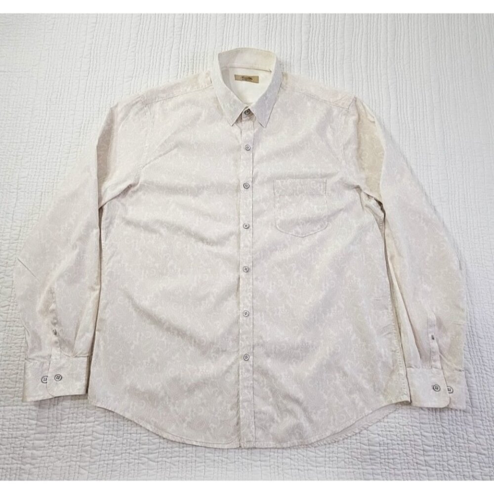 Tasso Elba Men's Large Slim Fit Shirt White on White Paisley AOP EUC LN‎ Button